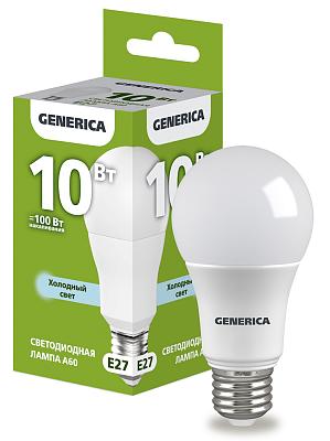 Лампа светодиодная A60 груша 10Вт 230В 6500К E27 GENERICA (LL-A60-10-230-65-E27-G)