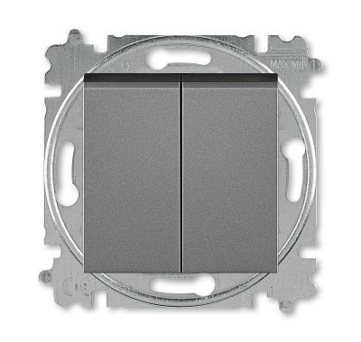 Переключатель двухклавишный LEVIT скрытой установки 10А схема 6+6 механизм с накладкой сталь / дымчатый чёрный 2CHH595245A6069 ABB
