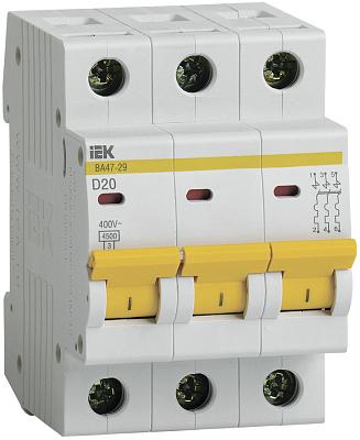 Автоматический выключатель IEK ВА 47-29 D20, 20А, трехполюсный, 4.5кА (MVA20-3-020-D)