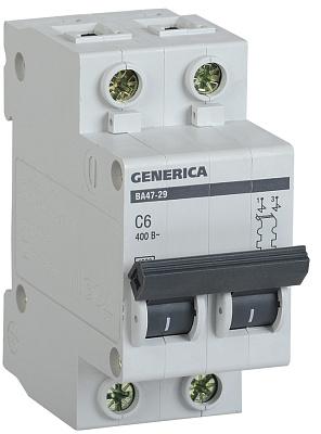 Автоматический выключатель IEK GENERICA ВА47-29, С6, 2-х полюсный, 6А, 4,5кА (MVA25-2-006-C)