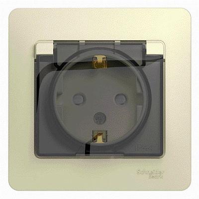 Розетка одинарная GLOSSA скрытой установки IP44 с заземлением со шторками 16А с крышкой в сборе бежевый GSL000248 Schneider Electric