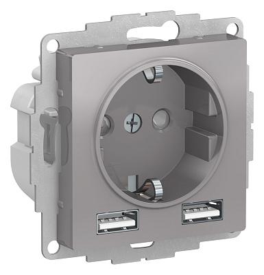 Розетка одинарная 16А с 2 USB A+A, 5В/2,4А, 2х5В/1,2А AtlasDesign, цвет алюминий, Schneider Electric (ATN000330)