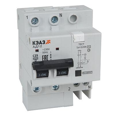 Выключатель автоматический дифференциаьного тока с защитой от сверхтоков АД12-22C16-АC-УХЛ4 (2P, C16, 30mA) 4,5кА КЭАЗ (318369)