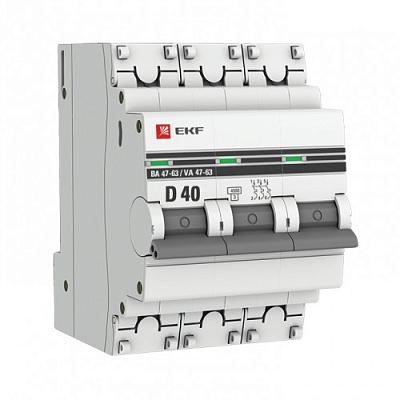Автоматический выключатель EKF ВА 47-63 D40 PROxima, 40А, трехполюсный, 4.5кА (mcb4763-3-40D-pro)