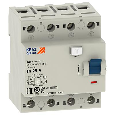 Выключатель дифференциального тока (УЗО), 4П, 25А, 100мА, КЭАЗ OptiDin (254202)