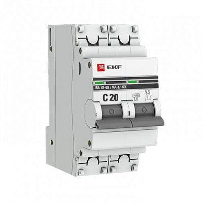 Автоматический выключатель EKF PROxima ВА 47-63 C20, 20А, двухполюсный, 4.5кА (mcb4763-2-20C-pro)
