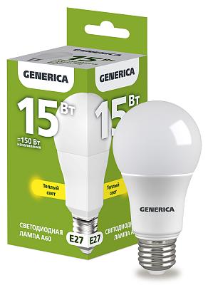 Лампа светодиодная A60 груша 15Вт 230В 3000К E27 GENERICA (LL-A60-15-230-30-E27-G)