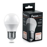 Лампа светодиодная 9,0Вт E27 G45 4000К 760Лм матовый 230В шар белый, Feron (38081)