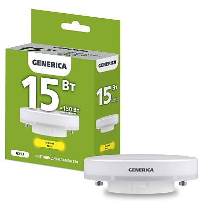 Лампа светодиодная T80 таблетка 15Вт 230В 3000К GX53 GENERICA (LL-T80-15-230-30-GX53-G)