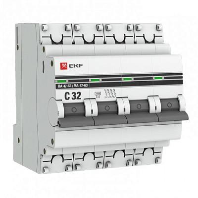 Автоматический выключатель EKF ВА 47-63 C32 PROxima, 32А, четырехполюсный, 4.5кА (mcb4763-4-32C-pro)